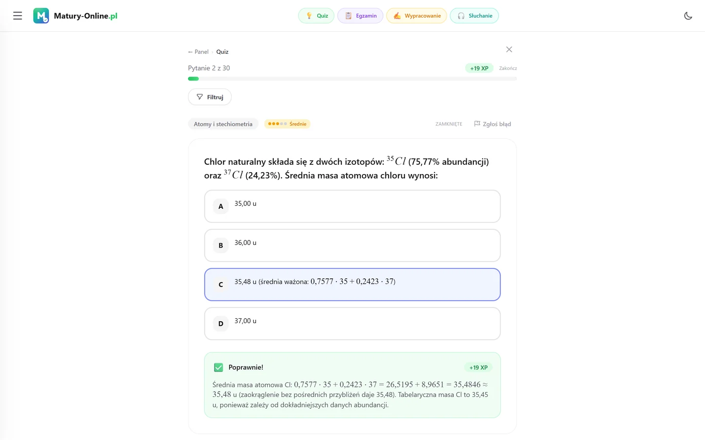 Quiz w Matury Online: pytanie z tematu „Atomy i stechiometria”