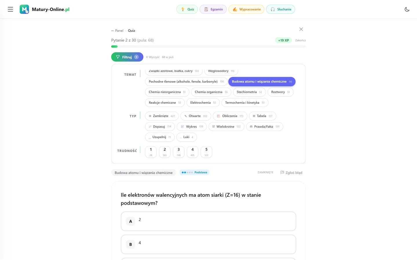 Quiz w Matury Online: panel „Filtruj” z zaznaczonym tematem „Budowa atomu i wiązania chemiczne”, pod spodem pytanie z tego tematu