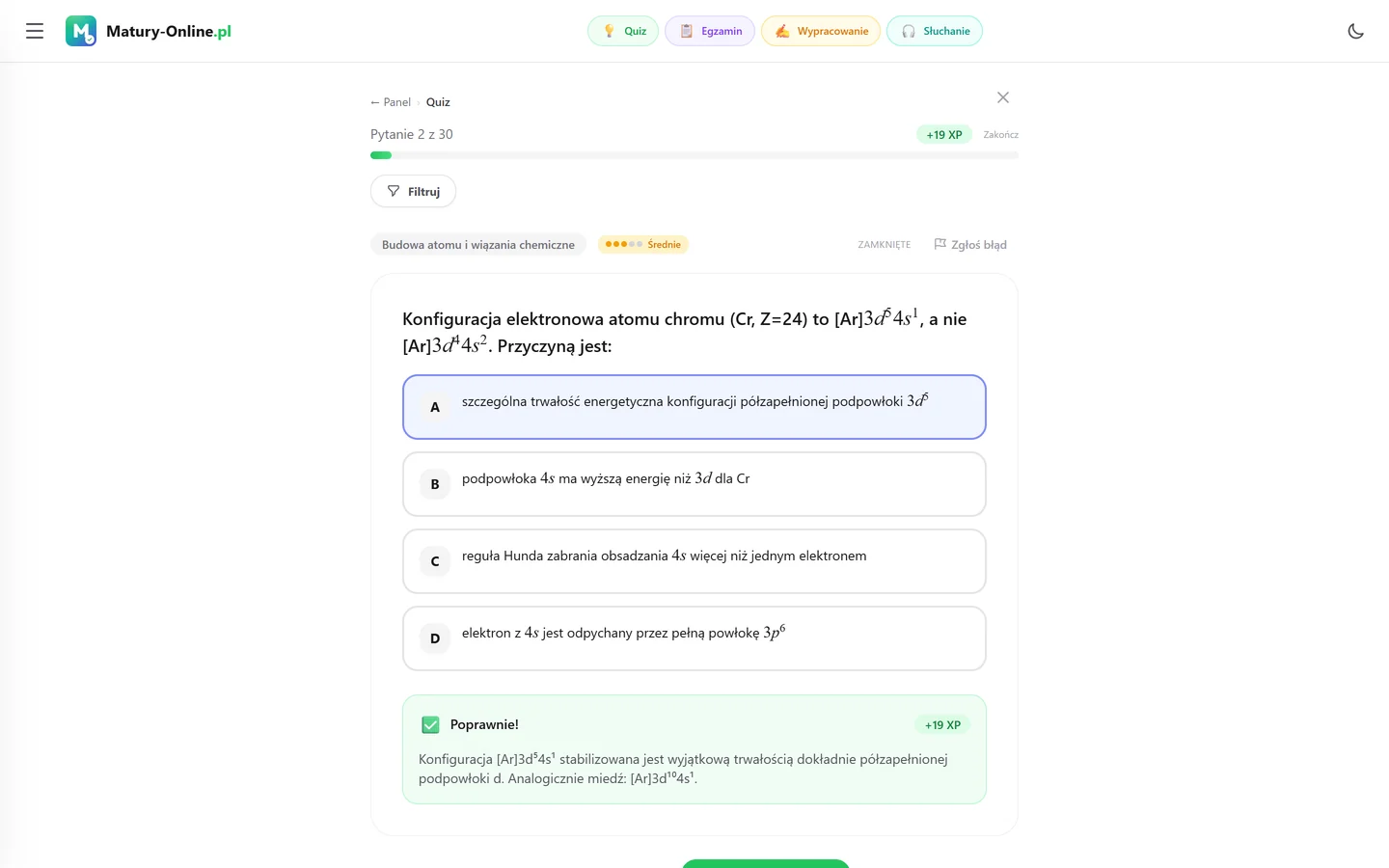 Quiz w Matury Online: pytanie z tematu „Budowa atomu i wiązania chemiczne”