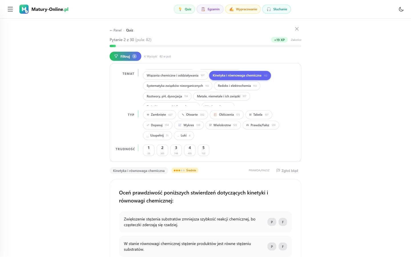 Quiz w Matury Online: panel „Filtruj” z zaznaczonym tematem „Kinetyka i równowaga chemiczna”, pod spodem pytanie z tego tematu