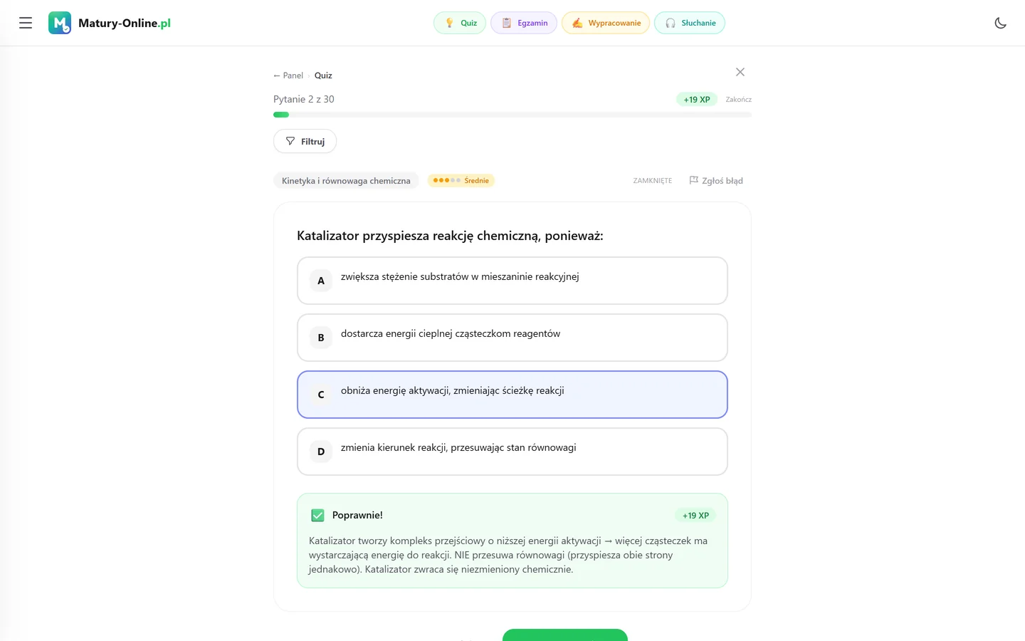 Quiz w Matury Online: pytanie z tematu „Kinetyka i równowaga chemiczna”
