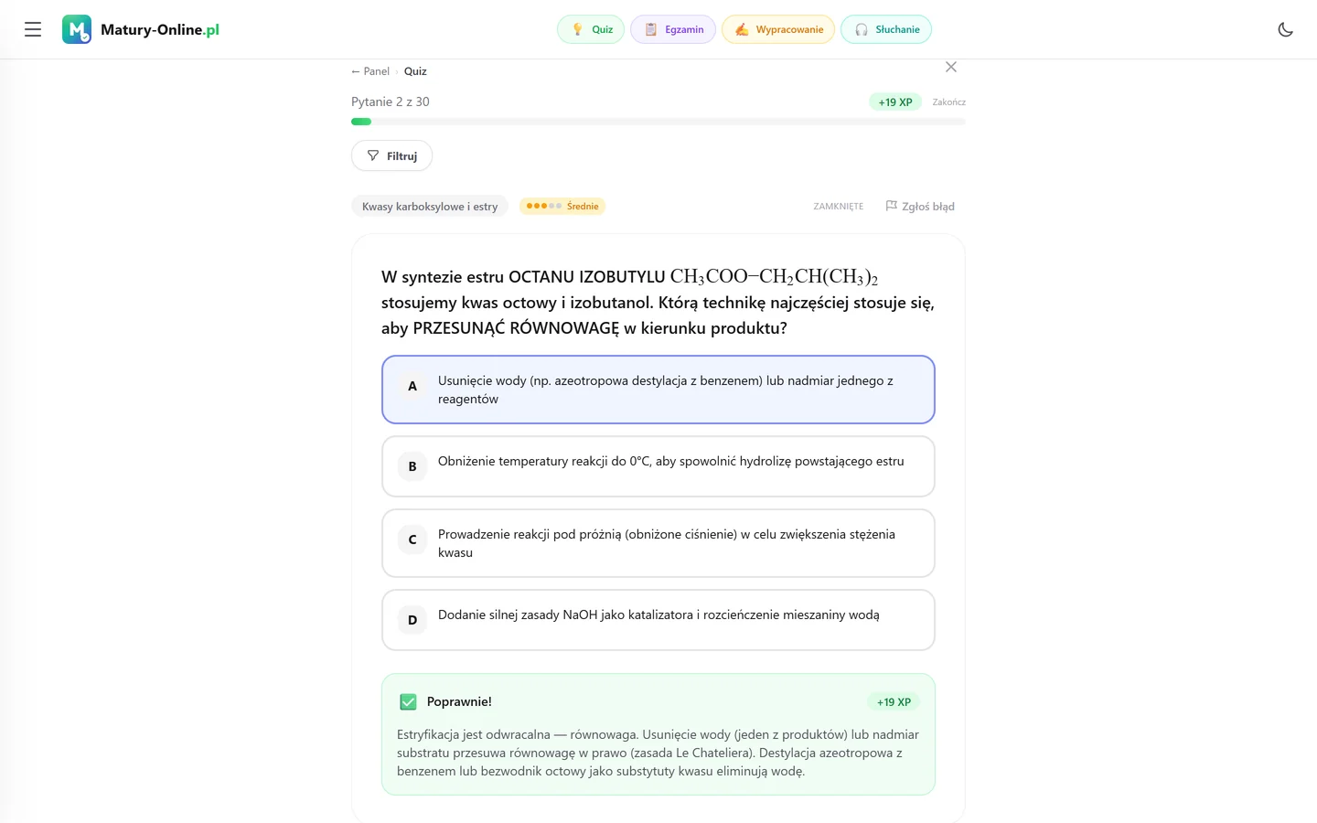 Quiz w Matury Online: pytanie z tematu „Kwasy karboksylowe i estry”
