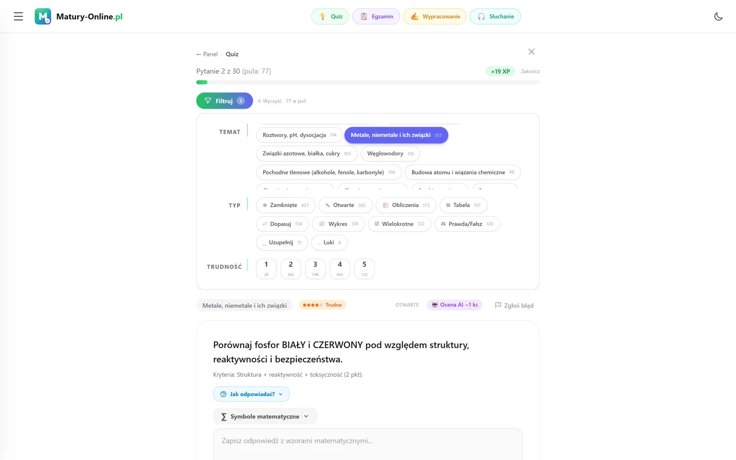 Quiz w Matury Online: panel „Filtruj” z zaznaczonym tematem „Metale, niemetale i ich związki”, pod spodem pytanie z tego tematu