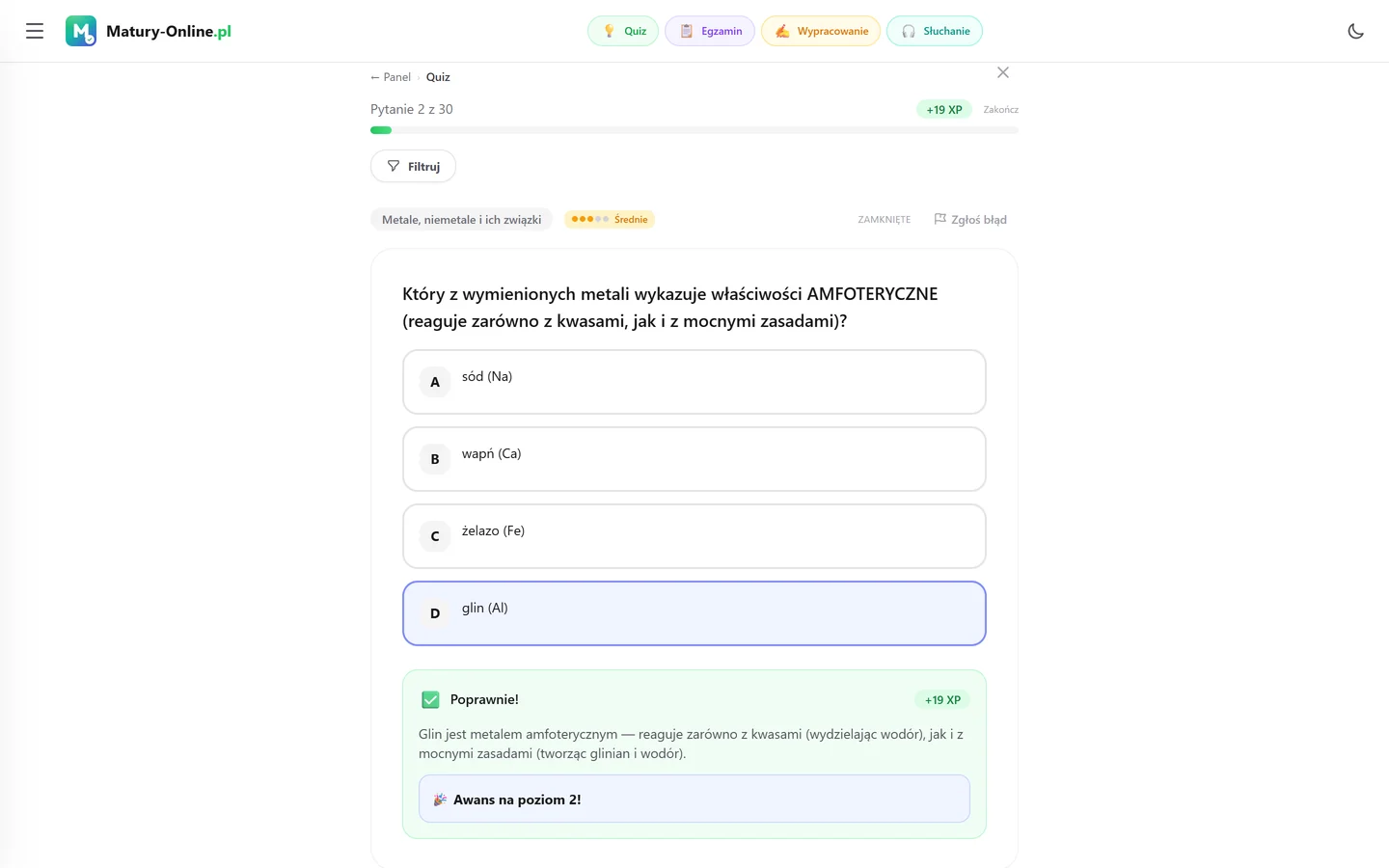 Quiz w Matury Online: pytanie z tematu „Metale, niemetale i ich związki”