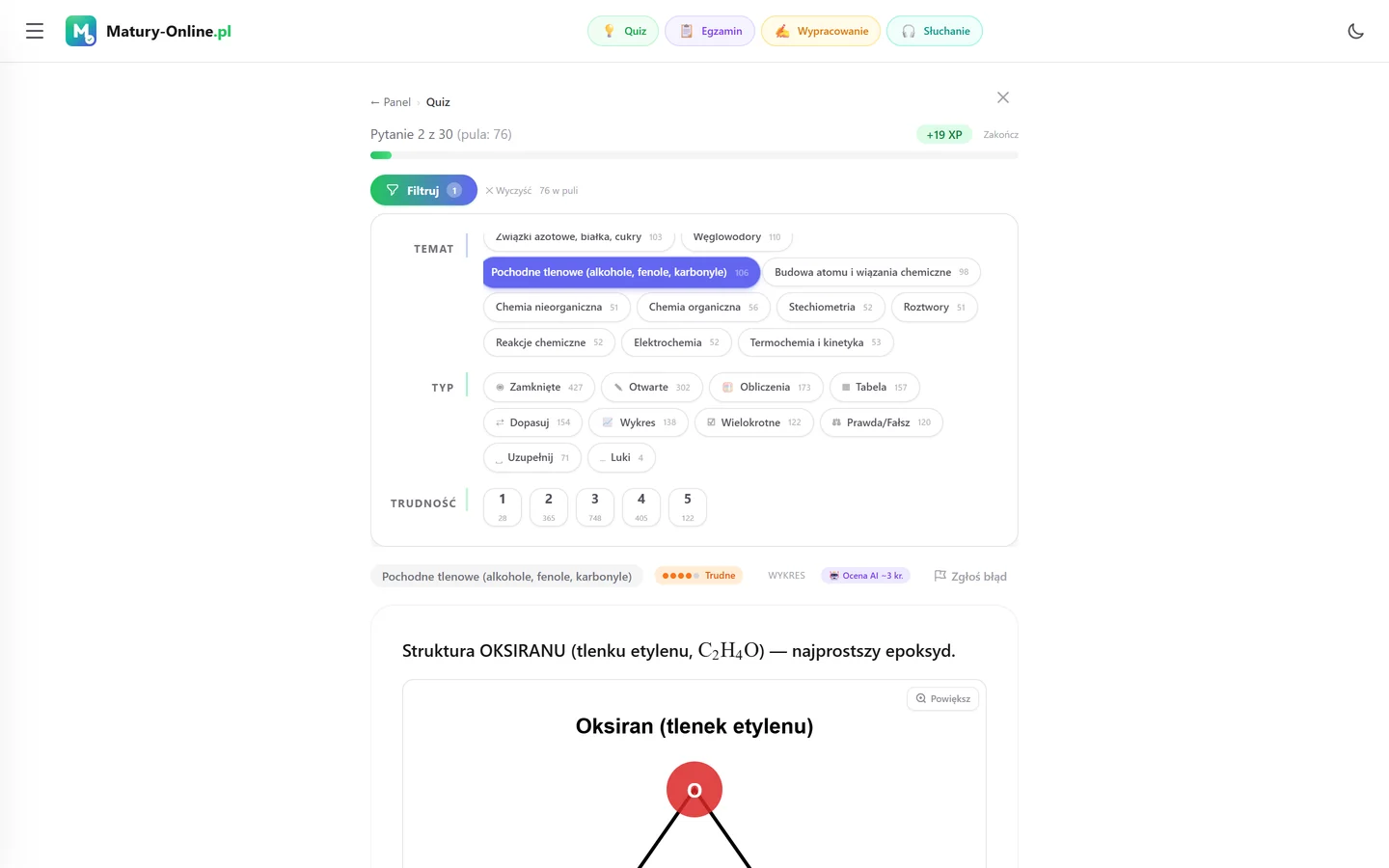 Quiz w Matury Online: panel „Filtruj” z zaznaczonym tematem „Pochodne tlenowe”, pod spodem pytanie z tego tematu