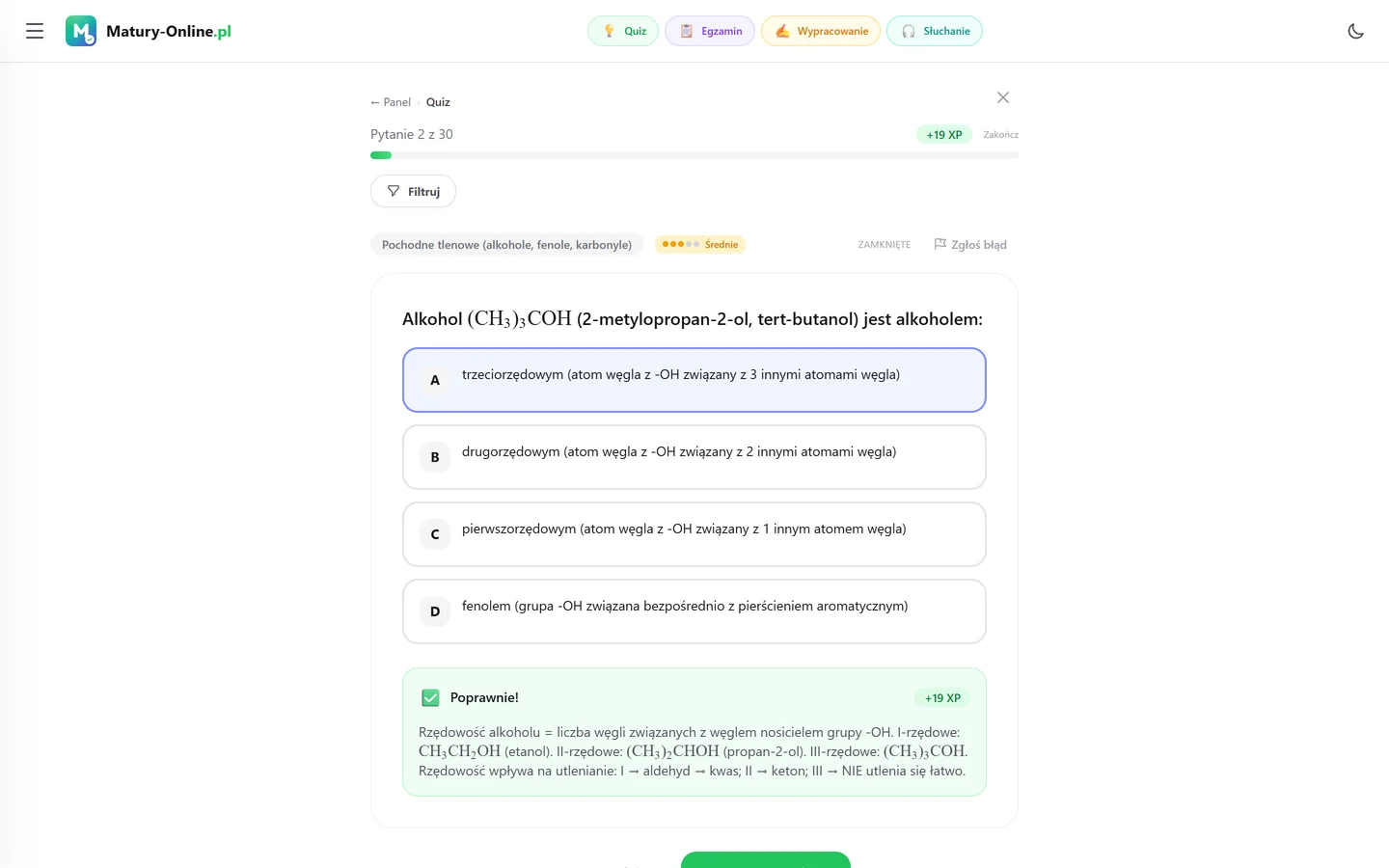 Quiz w Matury Online: pytanie z tematu „Pochodne tlenowe”
