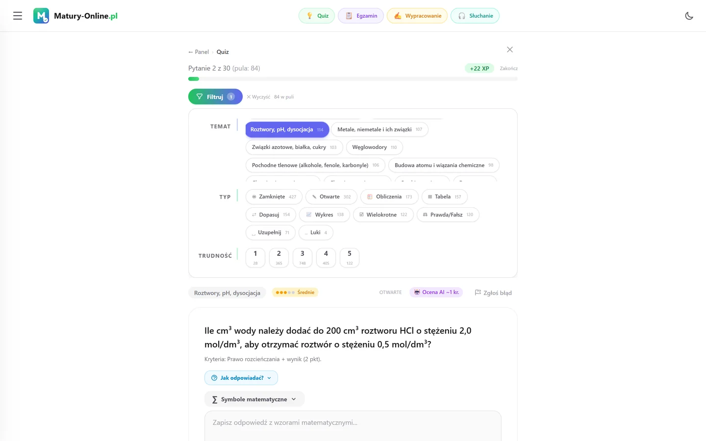 Quiz w Matury Online: panel „Filtruj” z zaznaczonym tematem „Roztwory, pH, dysocjacja”, pod spodem pytanie z tego tematu