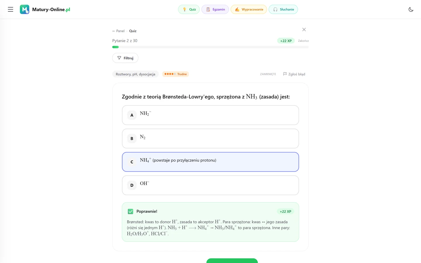 Quiz w Matury Online: pytanie z tematu „Roztwory, pH, dysocjacja”
