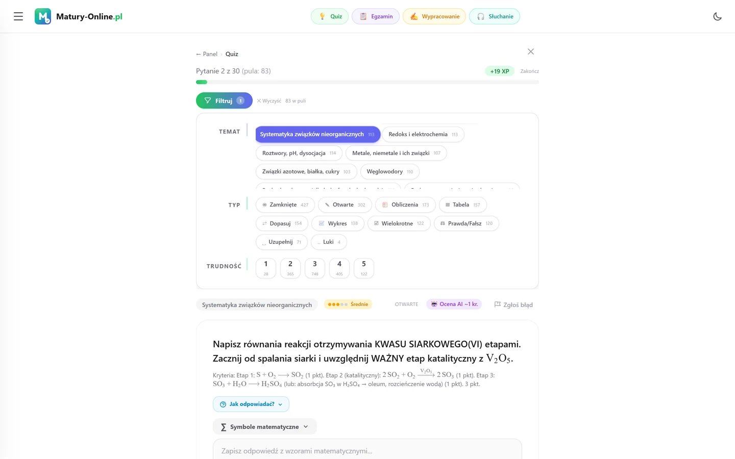 Quiz w Matury Online: panel „Filtruj” z zaznaczonym tematem „Systematyka związków nieorganicznych”, pod spodem pytanie z tego tematu