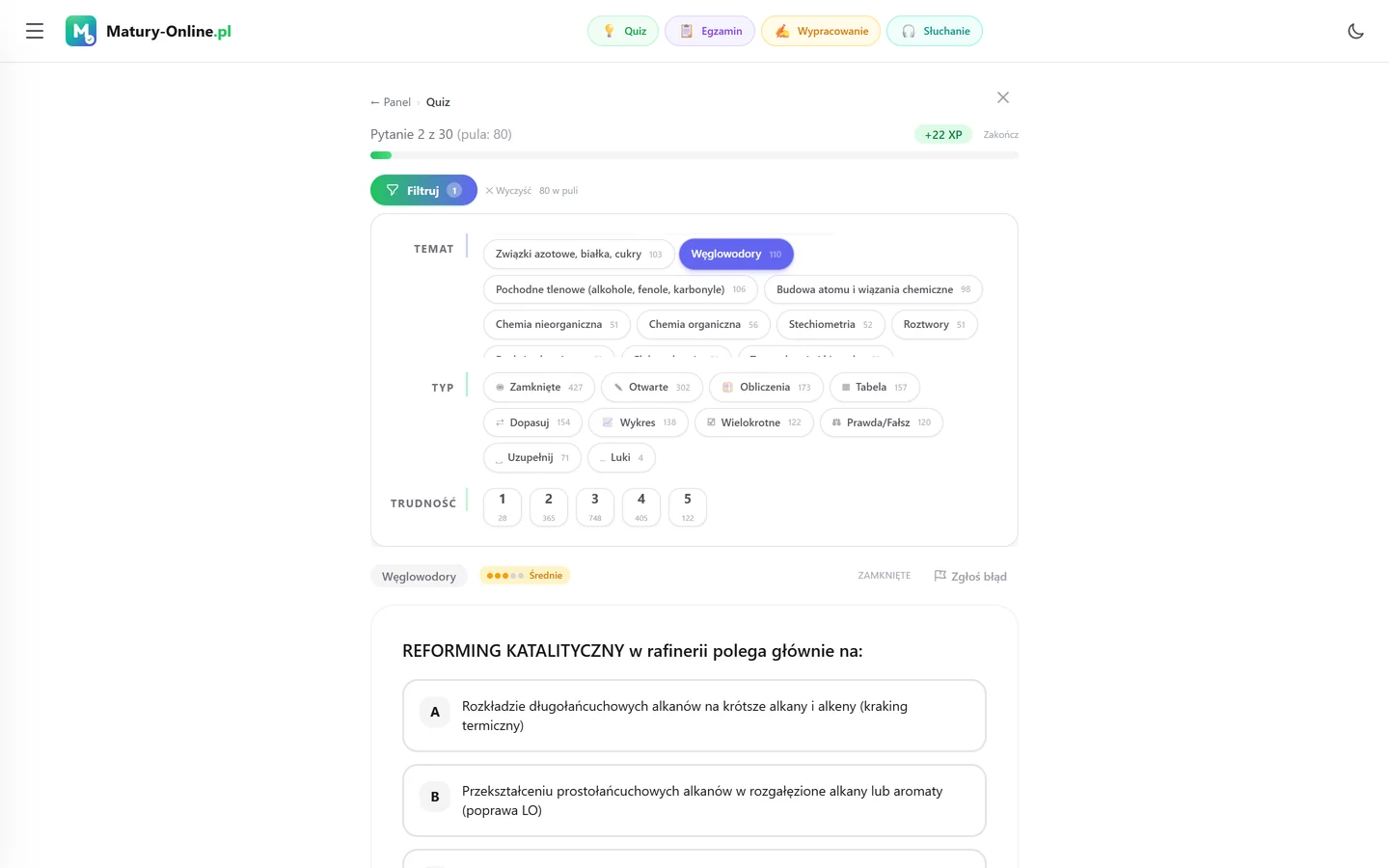 Quiz w Matury Online: panel „Filtruj” z zaznaczonym tematem „Węglowodory”, pod spodem pytanie z tego tematu
