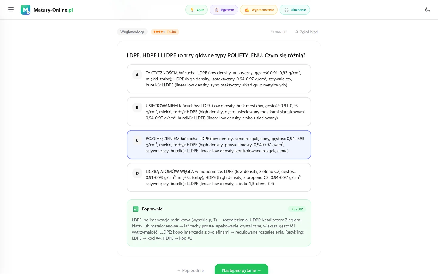 Quiz w Matury Online: pytanie z tematu „Węglowodory”