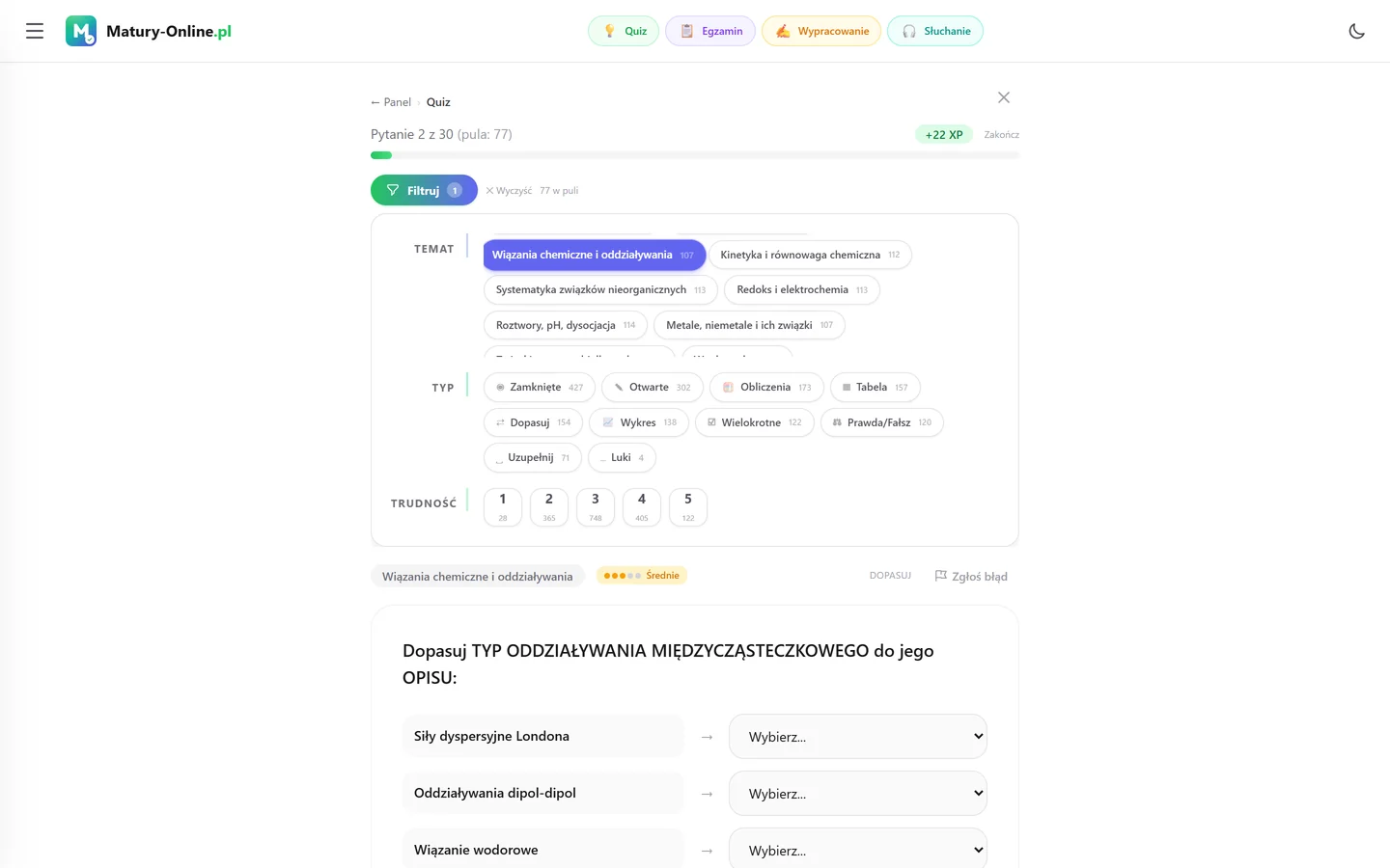 Quiz w Matury Online: panel „Filtruj” z zaznaczonym tematem „Wiązania chemiczne i oddziaływania”, pod spodem pytanie z tego tematu