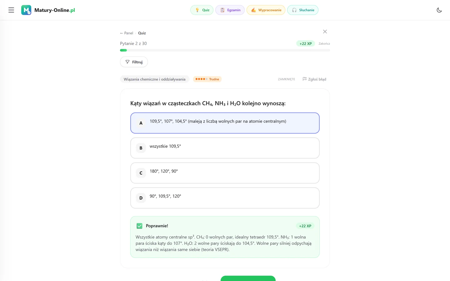 Quiz w Matury Online: pytanie z tematu „Wiązania chemiczne i oddziaływania”