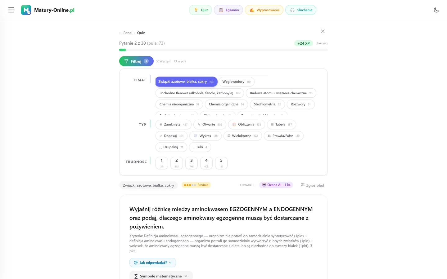 Quiz w Matury Online: panel „Filtruj” z zaznaczonym tematem „Związki azotowe, białka, cukry”, pod spodem pytanie z tego tematu