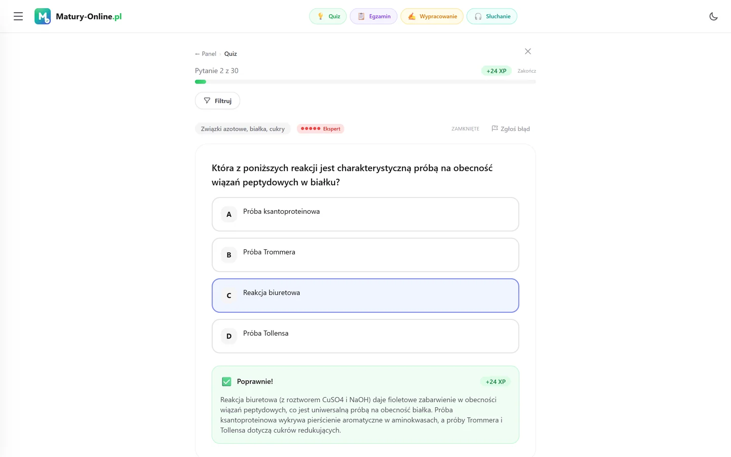 Quiz w Matury Online: pytanie z tematu „Związki azotowe, białka, cukry”