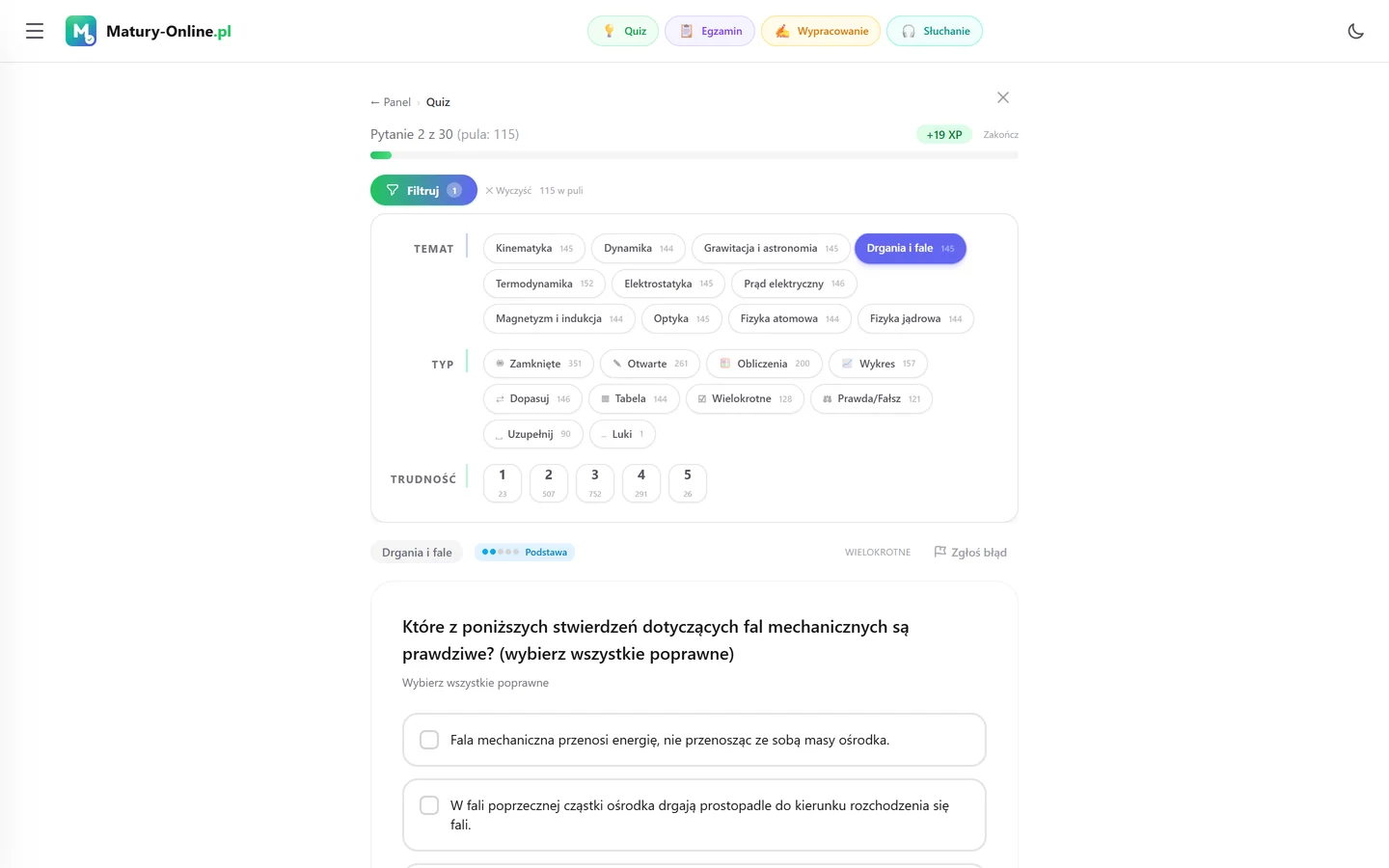 Quiz w Matury Online: panel „Filtruj” z zaznaczonym tematem „Drgania i fale”, pod spodem pytanie z tego tematu