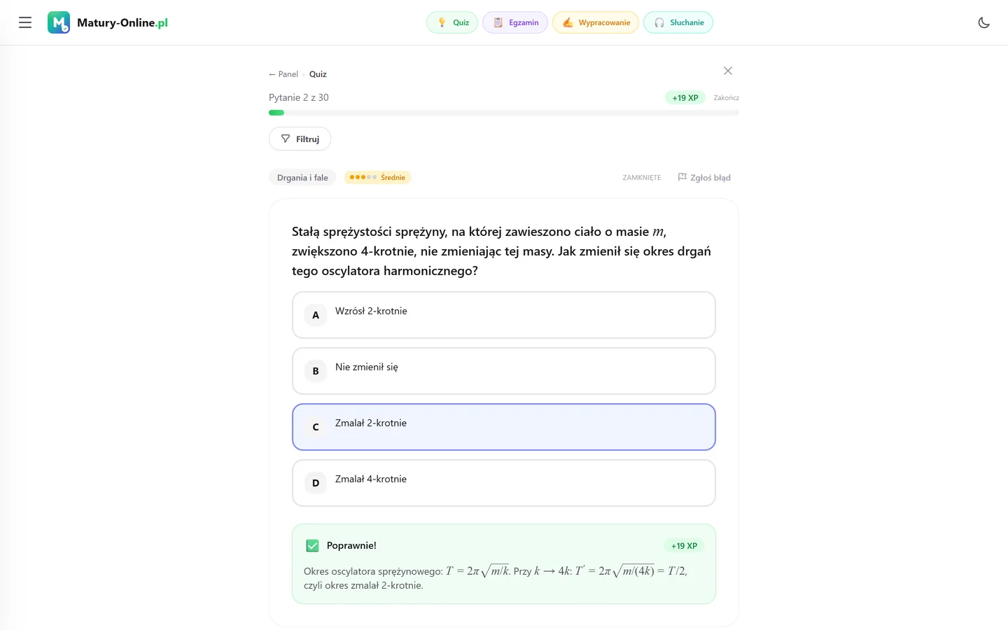 Quiz w Matury Online: pytanie z tematu „Drgania i fale”