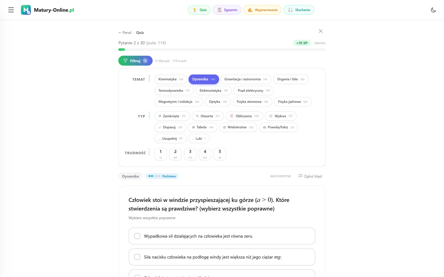 Quiz w Matury Online: panel „Filtruj” z zaznaczonym tematem „Dynamika”, pod spodem pytanie z tego tematu