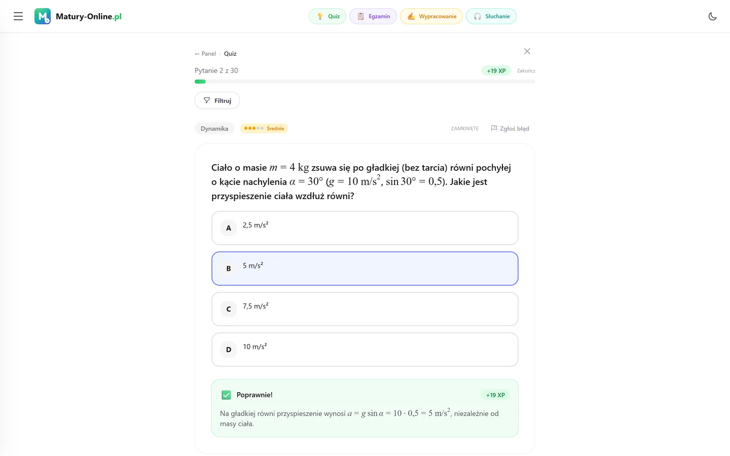 Quiz w Matury Online: pytanie z tematu „Dynamika”