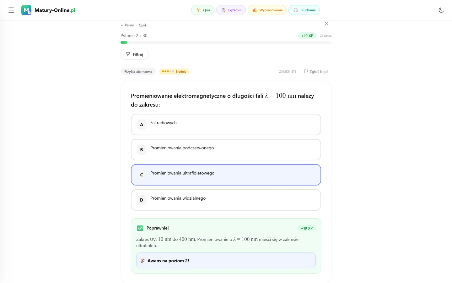 Quiz w Matury Online: pytanie z tematu „Fizyka atomowa”