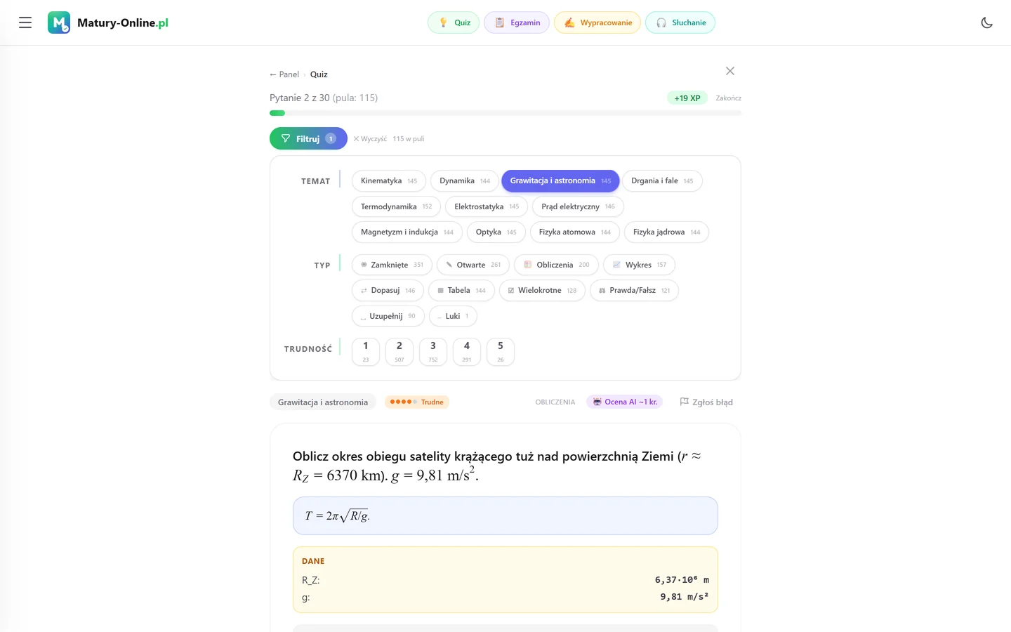 Quiz w Matury Online: panel „Filtruj” z zaznaczonym tematem „Grawitacja i astronomia”, pod spodem pytanie z tego tematu