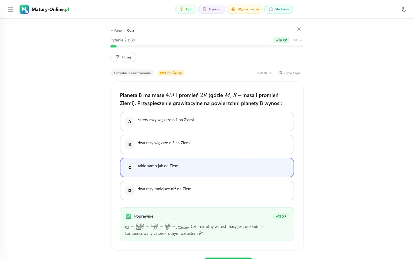 Quiz w Matury Online: pytanie z tematu „Grawitacja i astronomia”