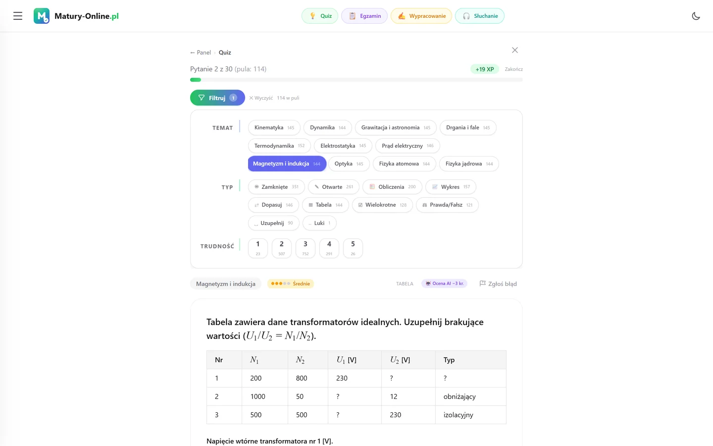 Quiz w Matury Online: panel „Filtruj” z zaznaczonym tematem „Magnetyzm i indukcja”, pod spodem pytanie z tego tematu