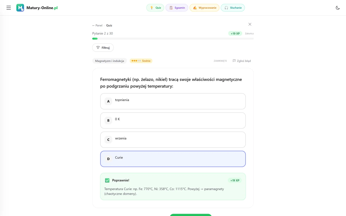 Quiz w Matury Online: pytanie z tematu „Magnetyzm i indukcja”