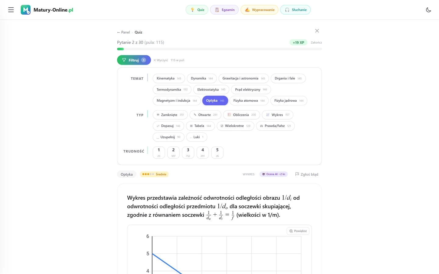 Quiz w Matury Online: panel „Filtruj” z zaznaczonym tematem „Optyka”, pod spodem pytanie z tego tematu