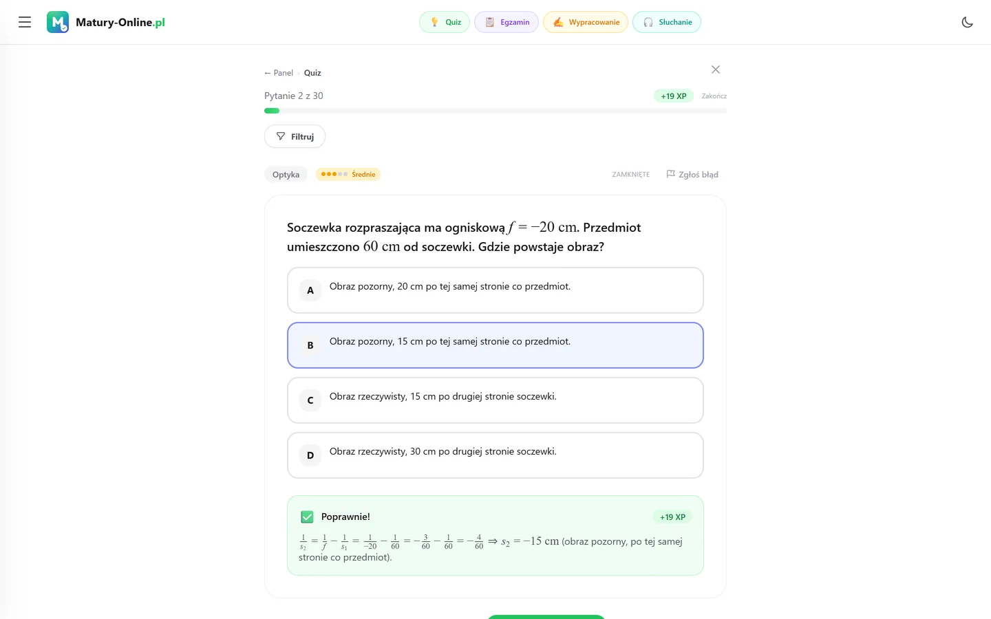 Quiz w Matury Online: pytanie z tematu „Optyka”