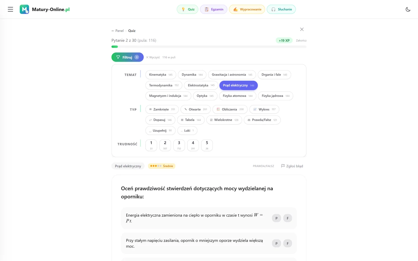Quiz w Matury Online: panel „Filtruj” z zaznaczonym tematem „Prąd elektryczny”, pod spodem pytanie z tego tematu
