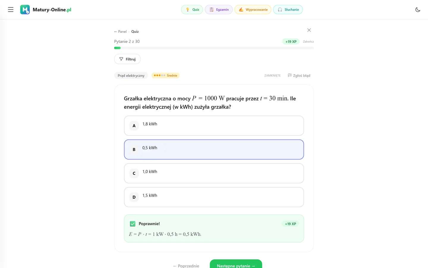 Quiz w Matury Online: pytanie z tematu „Prąd elektryczny”