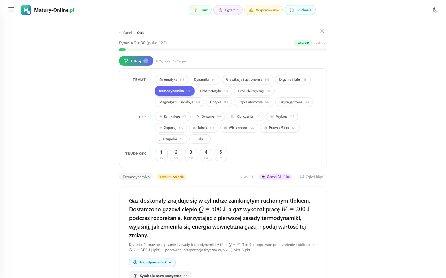 Quiz w Matury Online: panel „Filtruj” z zaznaczonym tematem „Termodynamika”, pod spodem pytanie z tego tematu