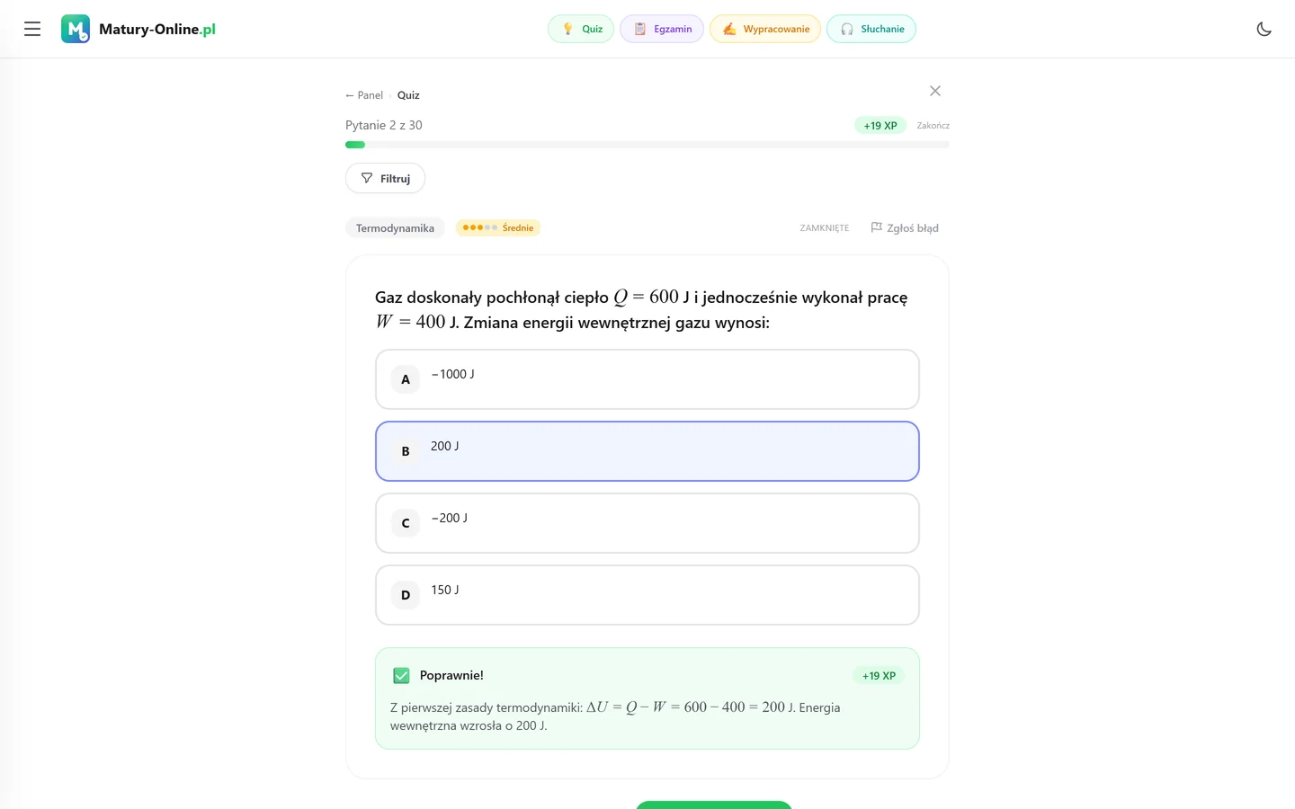 Quiz w Matury Online: pytanie z tematu „Termodynamika”