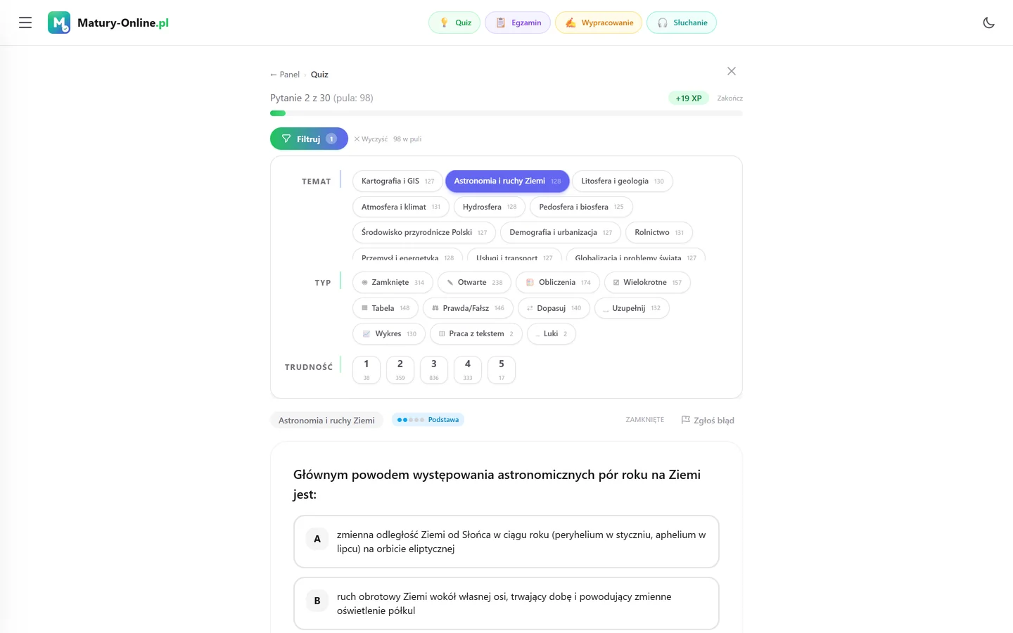 Quiz w Matury Online: panel „Filtruj” z zaznaczonym tematem „Astronomia i ruchy Ziemi”, pod spodem pytanie z tego tematu