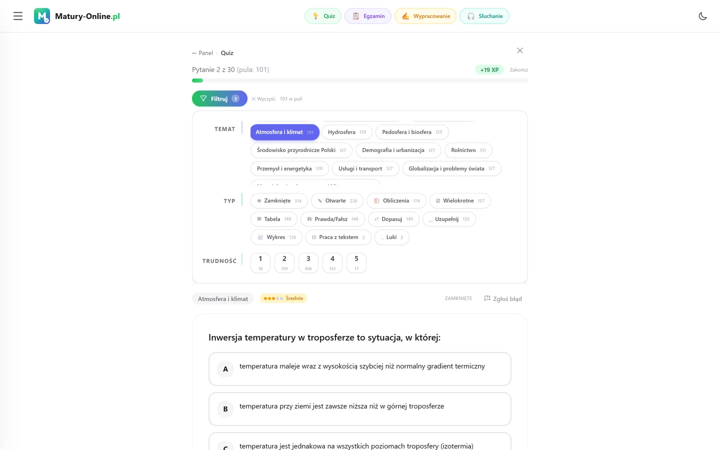 Quiz w Matury Online: panel „Filtruj” z zaznaczonym tematem „Atmosfera i klimat”, pod spodem pytanie z tego tematu
