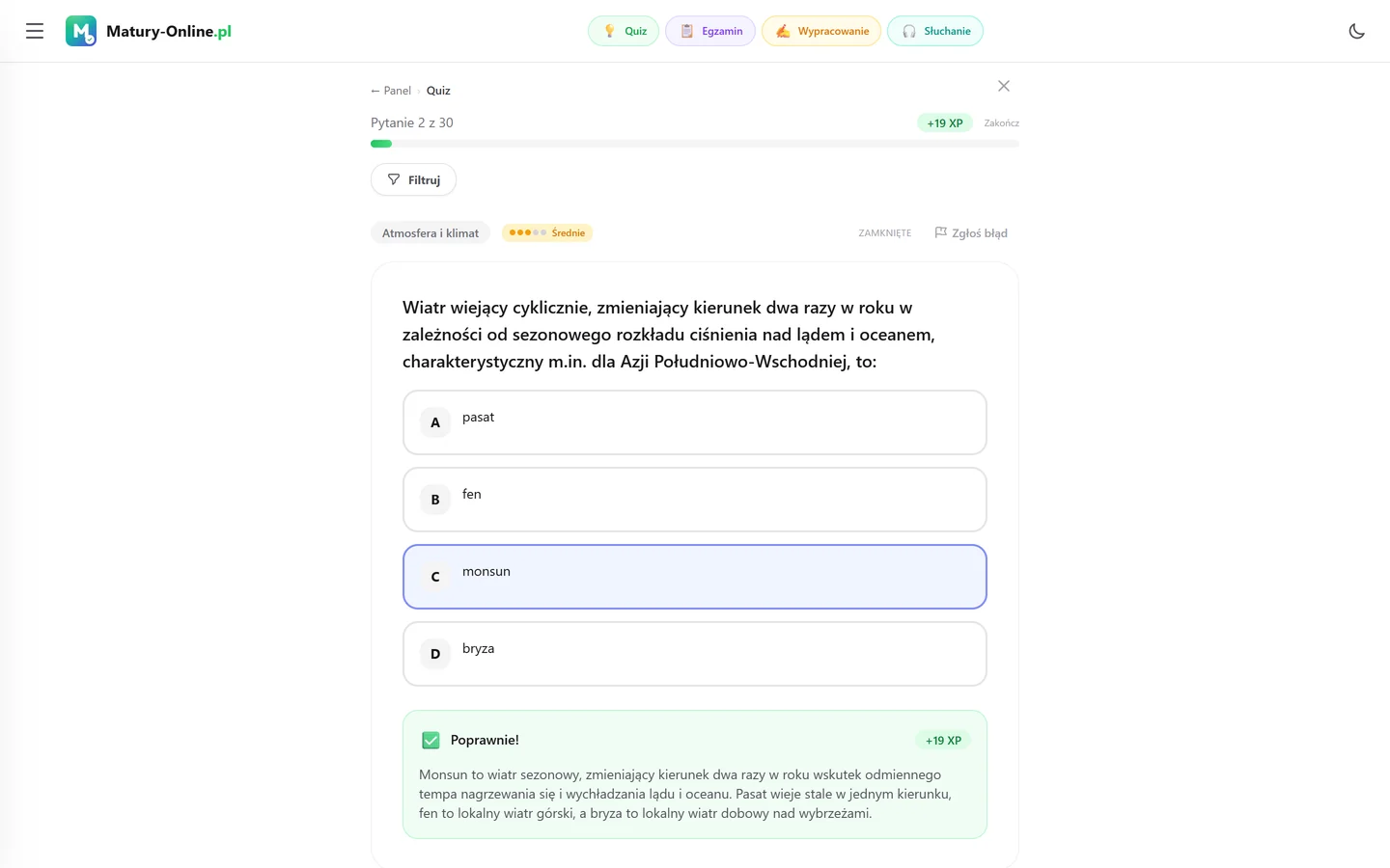 Quiz w Matury Online: pytanie z tematu „Atmosfera i klimat”