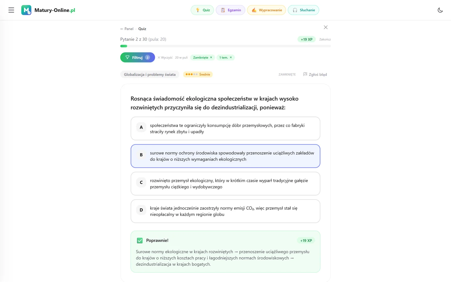 Quiz w Matury Online — pytanie z tematu „Człowiek a środowisko” (Geografia) po sprawdzeniu odpowiedzi, z wynikiem i wyjaśnieniem