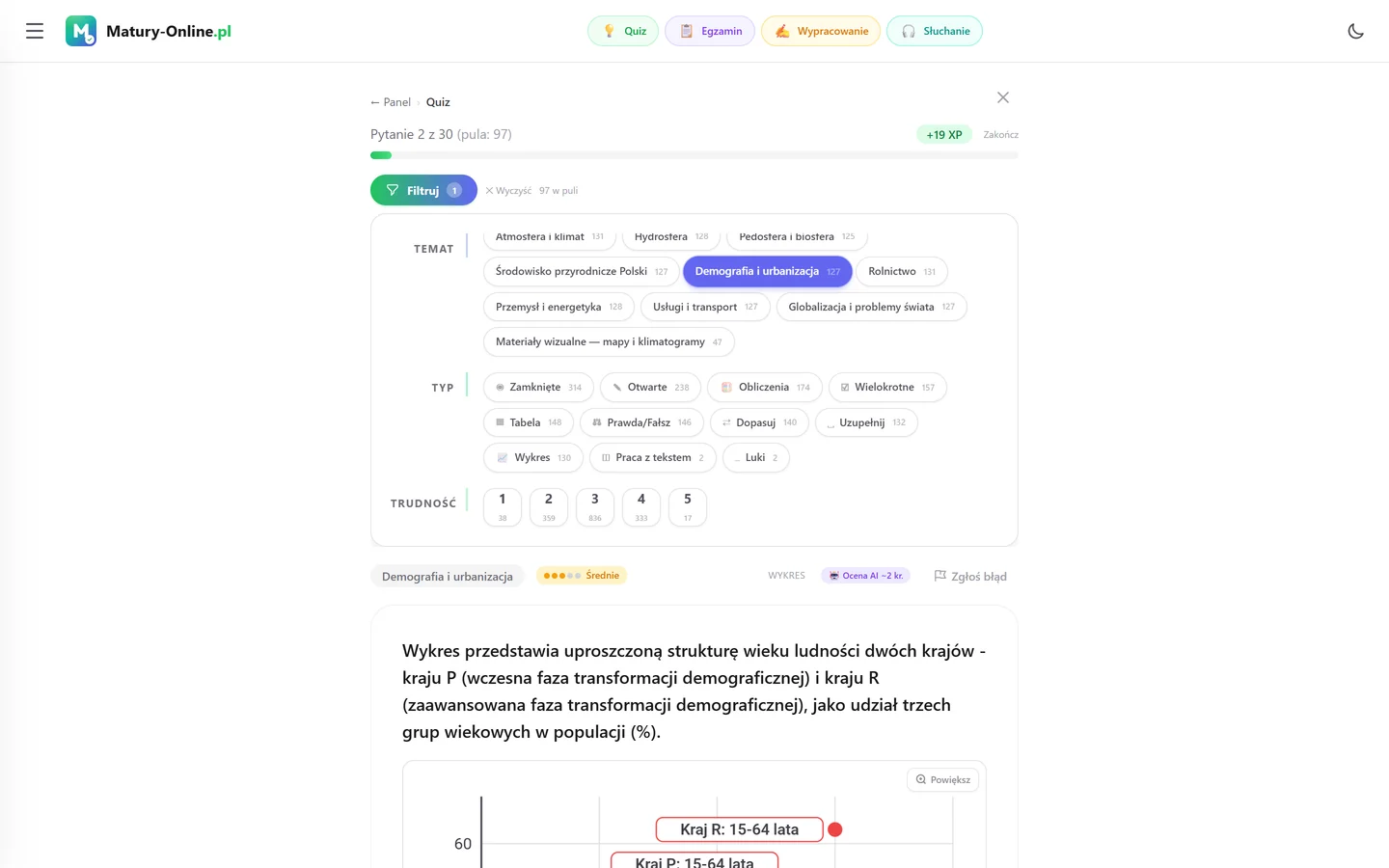 Quiz w Matury Online: panel „Filtruj” z zaznaczonym tematem „Demografia i urbanizacja”, pod spodem pytanie z tego tematu