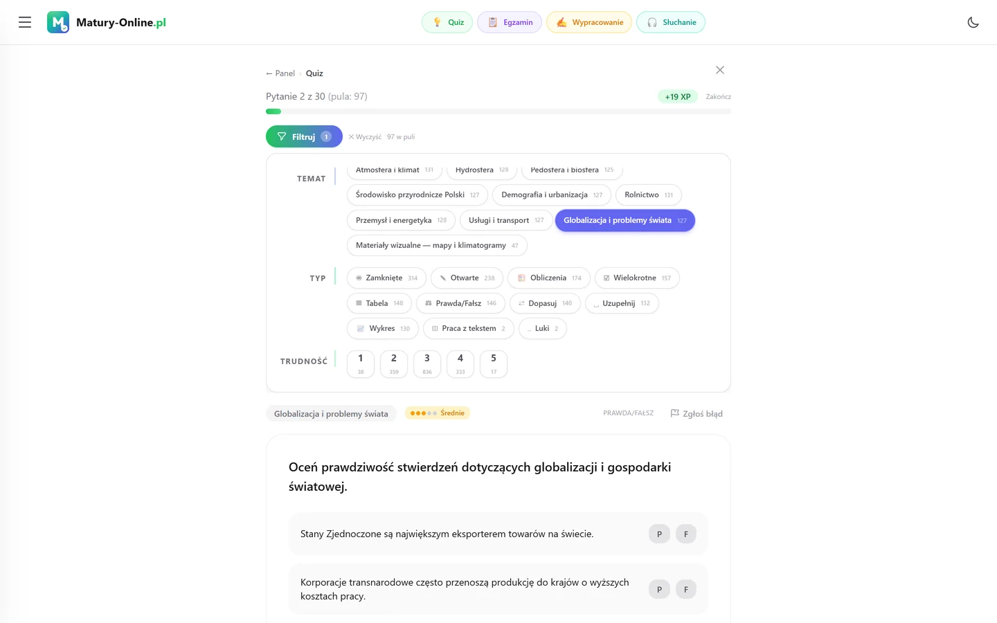 Quiz w Matury Online: panel „Filtruj” z zaznaczonym tematem „Globalna gospodarka”, pod spodem pytanie z tego tematu