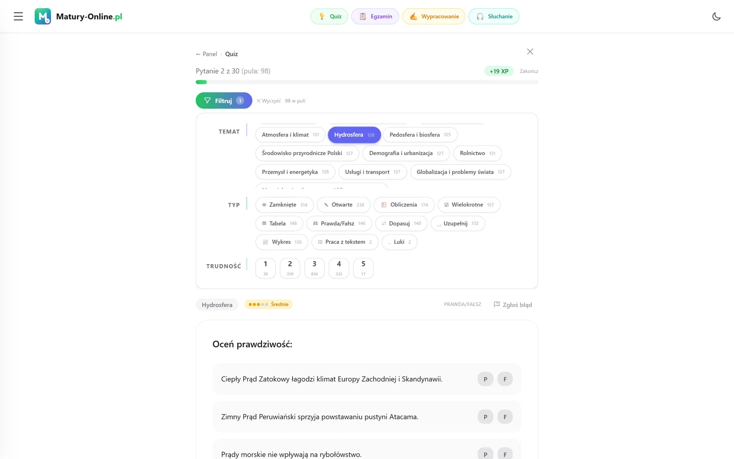 Quiz w Matury Online: panel „Filtruj” z zaznaczonym tematem „Hydrosfera”, pod spodem pytanie z tego tematu
