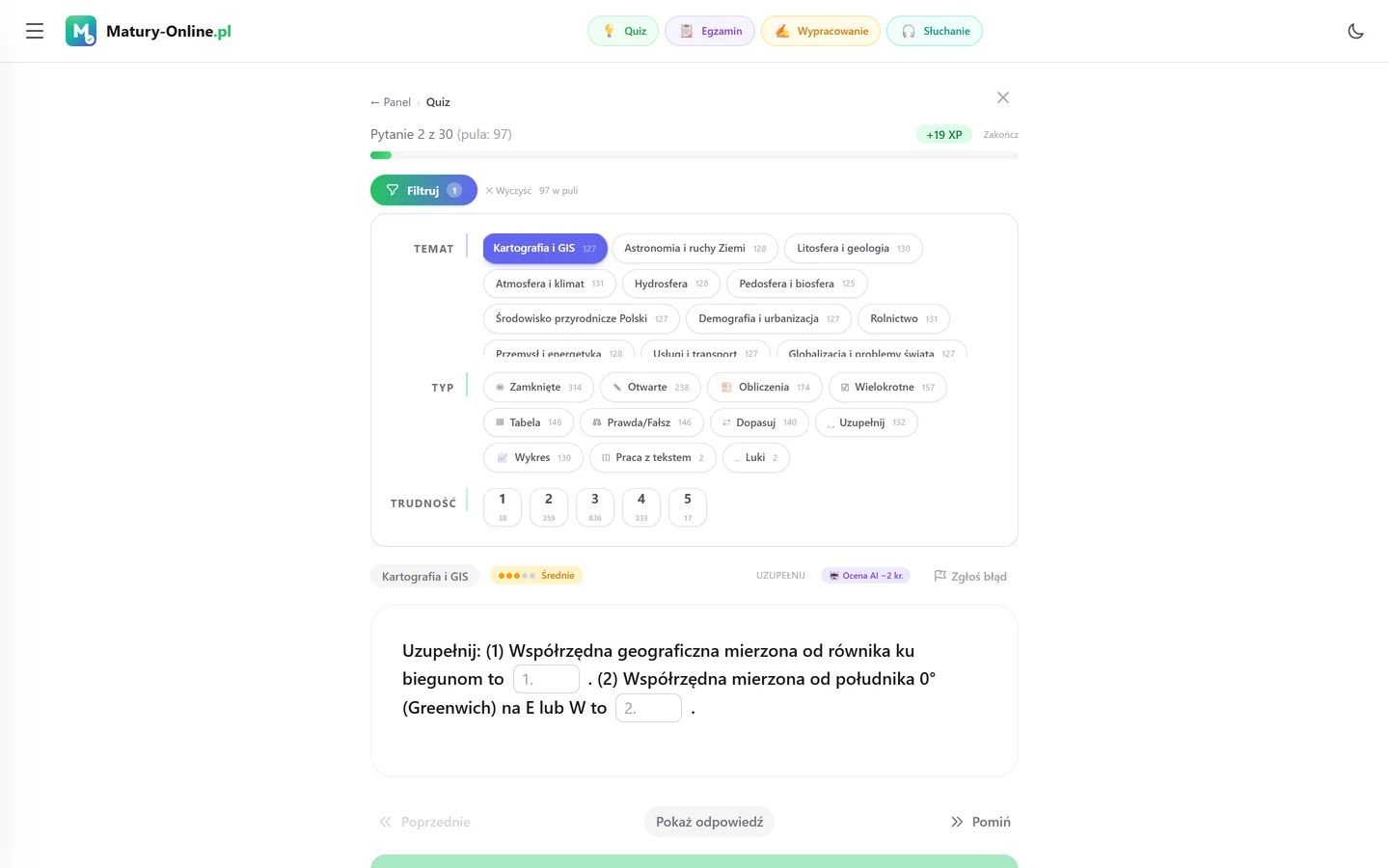 Quiz w Matury Online: panel „Filtruj” z zaznaczonym tematem „Kartografia i GIS”, pod spodem pytanie z tego tematu