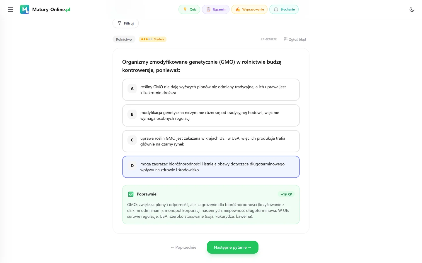 Quiz w Matury Online — pytanie z tematu „Rolnictwo, przemysł i usługi” (Geografia) po sprawdzeniu odpowiedzi, z wynikiem i wyjaśnieniem