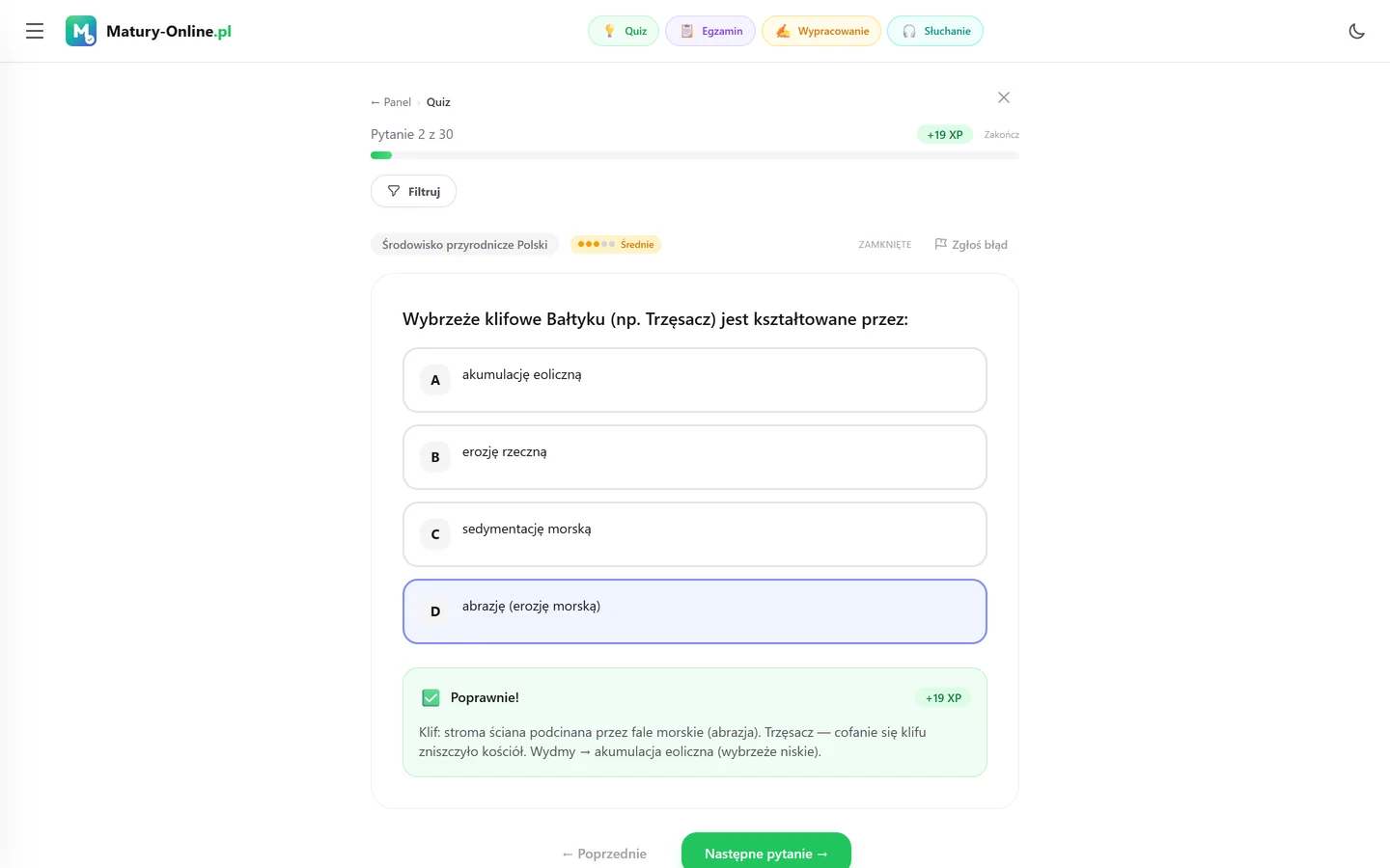 Quiz w Matury Online: pytanie z tematu „Środowisko przyrodnicze Polski”