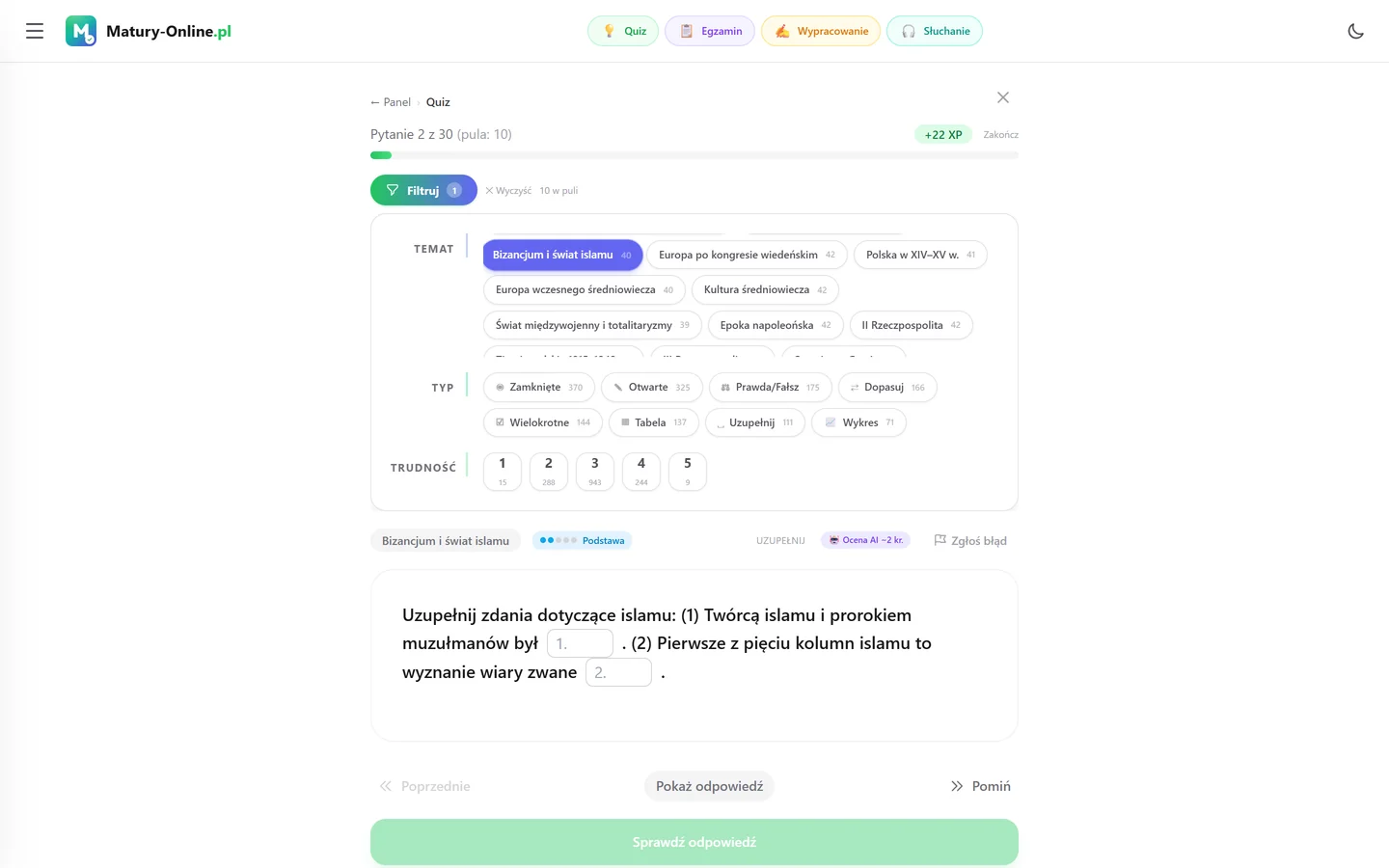 Quiz w Matury Online: panel „Filtruj” z zaznaczonym tematem „Bizancjum i świat islamu”, pod spodem pytanie z tego tematu