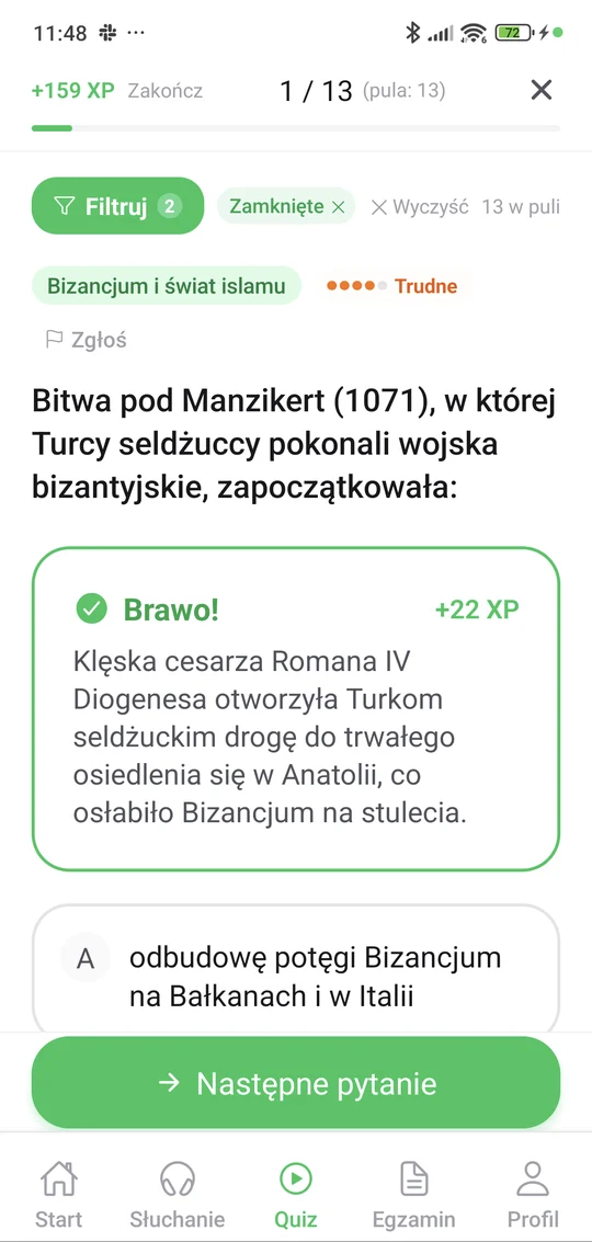 Sprawdzian z Bizancjum i świata islamu w aplikacji Matury Online: pytanie z tematu „Bizancjum i świat islamu” i wyjaśnienie po odpowiedzi