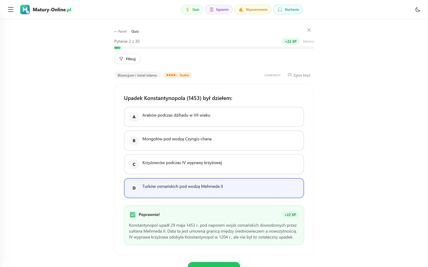 Quiz w Matury Online: pytanie z tematu „Bizancjum i świat islamu”