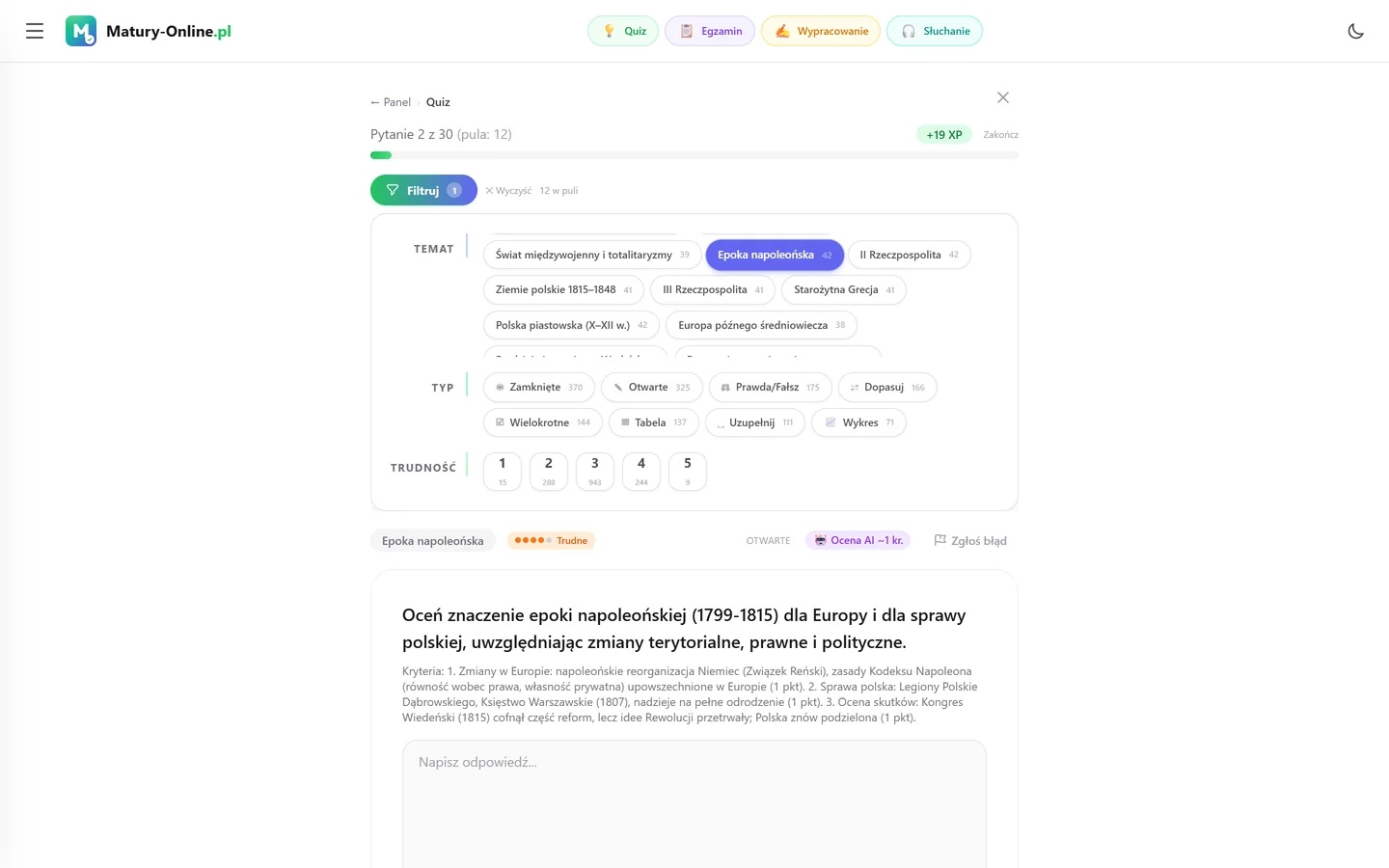 Quiz w Matury Online: panel „Filtruj” z zaznaczonym tematem „Epoka napoleońska”, pod spodem pytanie z tego tematu