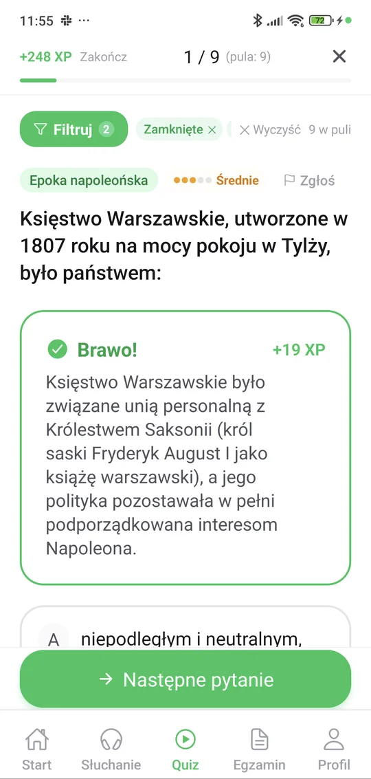 Sprawdzian z epoki napoleońskiej w aplikacji Matury Online: pytanie z tematu „Epoka napoleońska” i wyjaśnienie po odpowiedzi