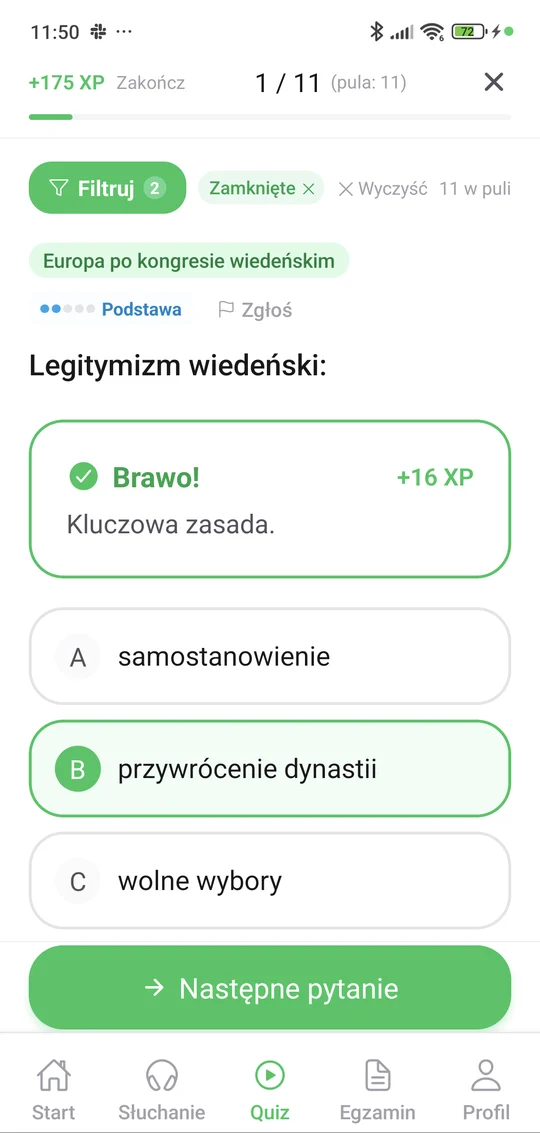 Sprawdzian z dziejów Europy po kongresie wiedeńskim w aplikacji Matury Online: pytanie z tematu „Europa po kongresie wiedeńskim” i wyjaśnienie po odpowiedzi